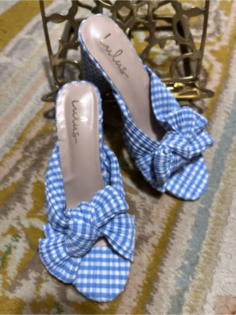 Blue White Gingham Slide Sandals w/Bow Lulu’s Chunky Heel 8.5 M